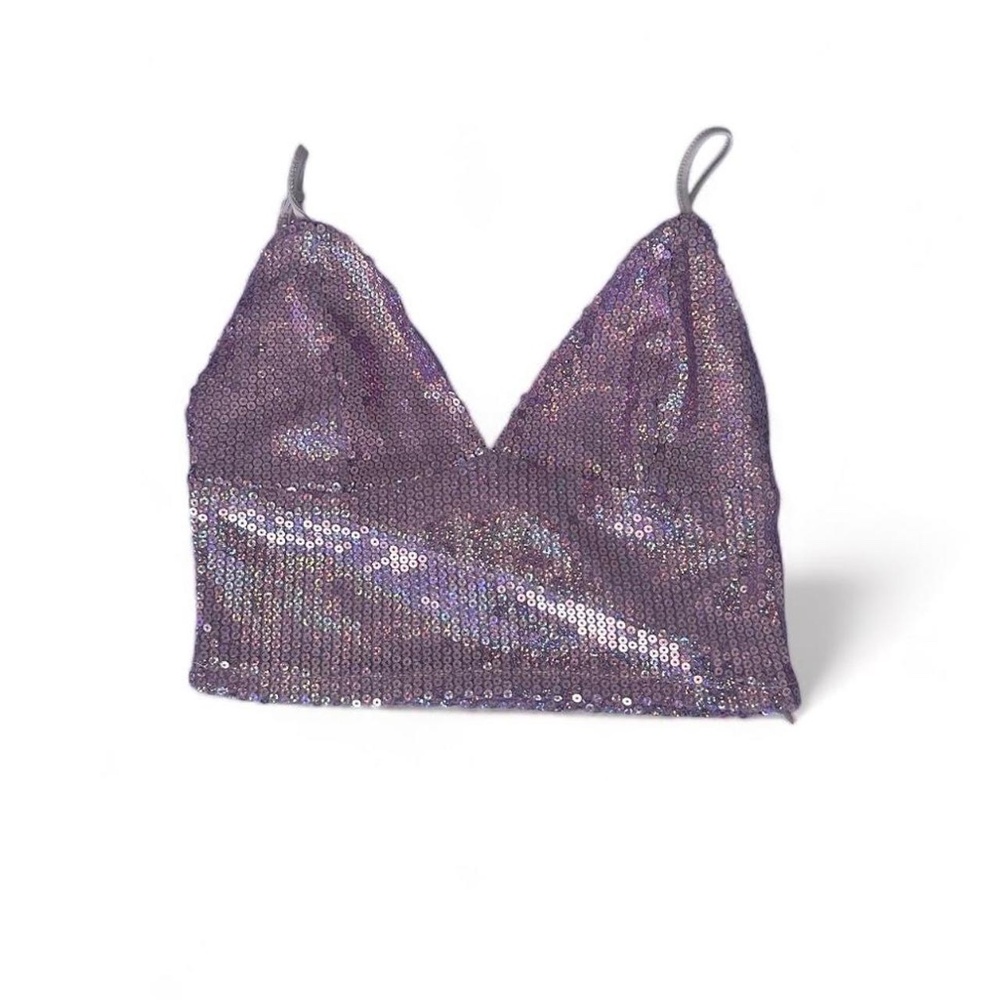Deane Women's Shiny Metallic Sequin V Neck Sparkle Crop Top